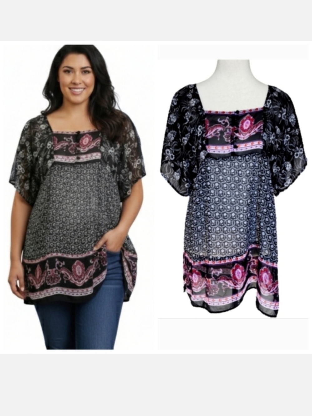 Lane Bryant sheer Floral short sleeve blouse Black Pink  Women's plus size 14/16